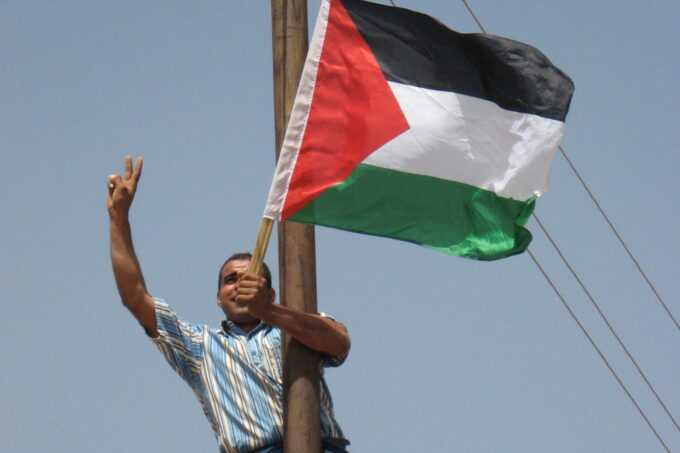Photo of a man with medium-dark skin tone, wearing blue jeans, work boots, and a striped button down t-shirt. He is has climbed and is hanging onto a electricity cable pole with a large Palestinian flag in one hand and making a peace sign with the other.